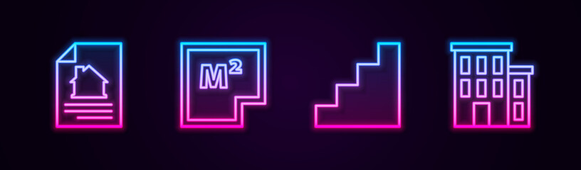 Set line House contract, plan, Staircase and . Glowing neon icon. Vector