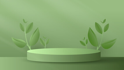Podium platform to show product with green tea leaves on green background. Paper cut and craft style illustration