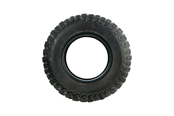 All terrain tire designed for use in all road conditions isolated on white background.