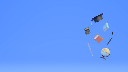 Teacher's day banner design template. 3d rendering cap, calculator, and school equipment with space for your text.