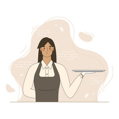 Waitress hold empty serving tray for food. Vector flat cartoon illustration