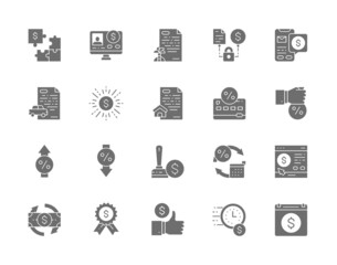 Set of Quick Loan Grey Icons. Investment, Car Loan, Mortgage, Deposit and more.
