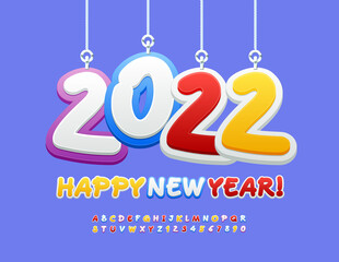 Vector Greeting Card Happy New Year with Christmas Toys 2022. Cute bright Font. Artistic Alphabet Letters and Numbers set