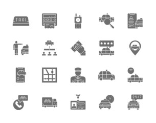 Set of Taxi Gray Icons. Truck, Delivery, Cabbie, Taxicab, Id Card and more.
