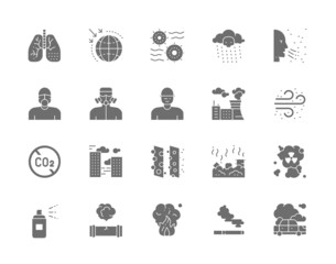 Set of Pollution Gray Icons. Air Dust, Radioactive Rain, Protective Mask, Smog