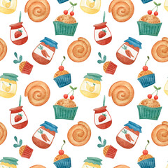 Seamless pattern of some yum stuff for tea: cinnamon rolls, cupcakes with cherry and jars with pear, strawberry and carrot jam. Watercolor.