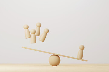 Wooden human compared balancing on wood scale seesaw. 3d illustration