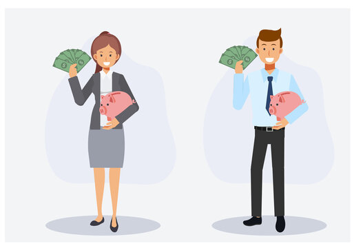 collect,saving money concept. Set of man and woman is happy and showing a lot of banknote in one hand also carrying piggy bank.Flat vector 2d cartoon character illustration.
