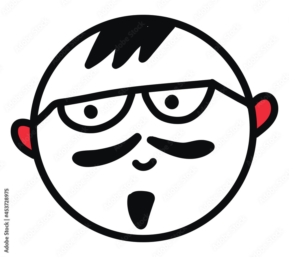 Sticker Boy with glasses and moustaches, illustration, vector on a white background.