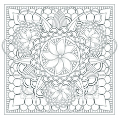 Coloring page for adult with decorative flowers in monochrome isolated on white background