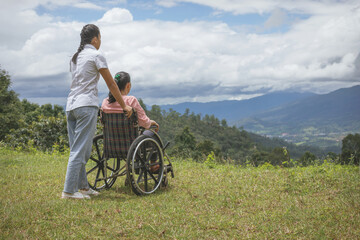 Disabled handicapped woman in wheelchair and care helper walking on mountain meadow park in sunny...