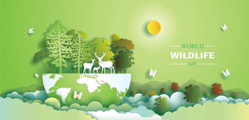 World Wildlife Day with the deer family and butterfly in forest.
