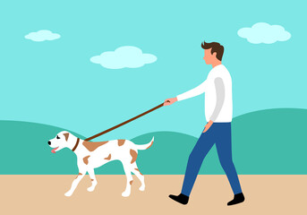 Man walking dog in the park flat design vector.