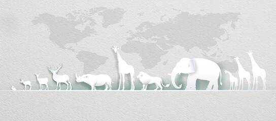 World Animals Day with world map deer, elephant, lion, giraffe. © Painterstock