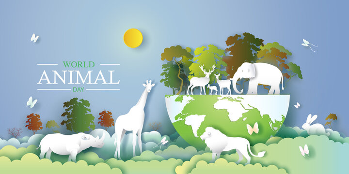 World Animals Day with deer, elephant, lion, giraffe, rabbit, rhinoceros and butterfly in forest.