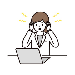 パソコンの前で耳鳴り・頭痛に悩む女性薬剤師のイラスト