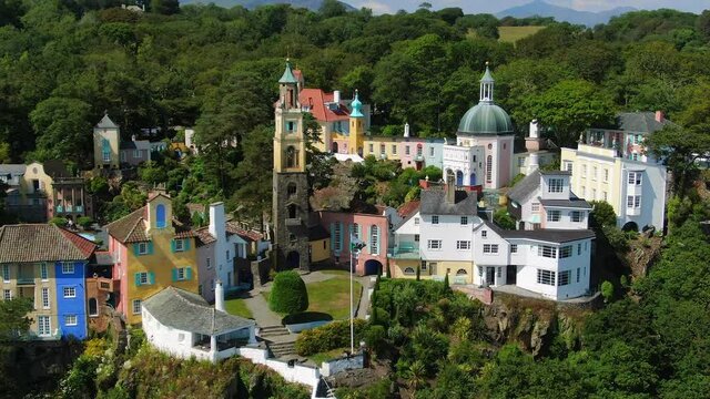 Aerial of Portmeirion, Italian style tourist resort in Gwynedd, North Wales