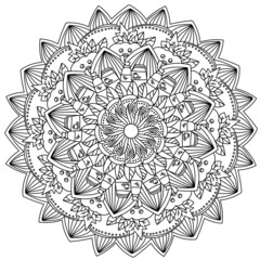 Halloween mandala, ornate coloring page with pumpkins, poisons and autumn leaves