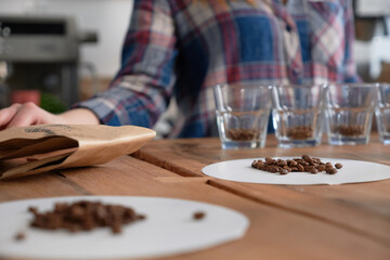 Fototapeta na wymiar Coffee cupping test in process