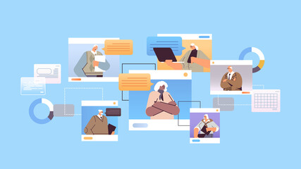 senior businesspeople discussing during video conference business people in web browser windows chat bubble communication