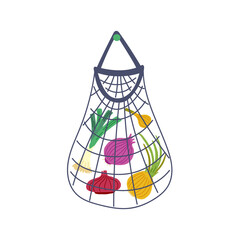Onions in a mesh bag. Vector Vegetables hand drawn