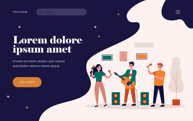 Happy young people playing musical instruments. Maracas, guitar, band flat vector illustration. Entertainment and music concept for banner, website design or landing web page