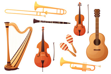 Set of musical instruments in cartoon style. Isolated on white background. Orexter vector illustration. Wind, strings, classical instruments. Music and art
