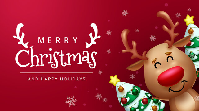 Merry christmas reindeer vector design. Merry christmas greeting text with santa's reindeer character in cute, smiling and jolly expression for xmas holiday season. Vector illustration.

