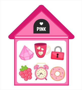 Vector illustration of a pink house . Learning colors for children. Template for developing activities.
