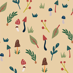 Hand drawn nature elements seamless pattern. Forest items, mushrooms, twigs, grass and cones. Scandinavian style woodland plants. Cartoon botanical wrapping paper print design