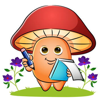 The mushroom is holding a mini book and pencil