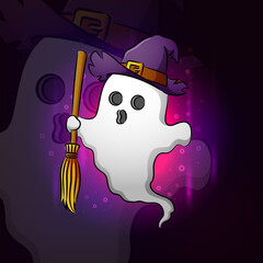 The cute ghost witch with the broom esport logo design
