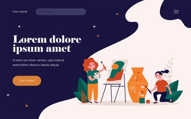 Happy artistic school students. Kids painting picture and decorating clay vase flat vector illustration. Drawing studio, workshop concept for banner, website design or landing web page