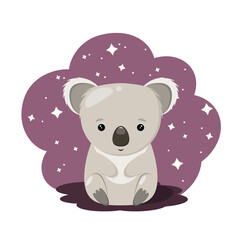 Koala in cartoon style on the background of stars. Children's illustration of a cute animal.