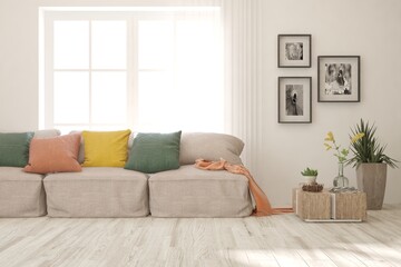 White living room with sofa. Scandinavian interior design. 3D illustration