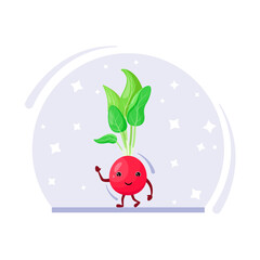 A cheerful radish on a background of stars. Cute vegetable in cartoon style.