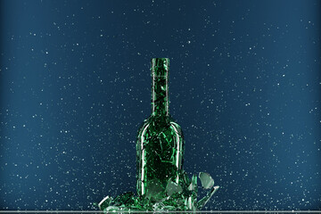 Broken bottle isolated on blue background. 3d illustration