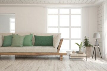 Fototapeta premium White living room with sofa. Scandinavian interior design. 3D illustration
