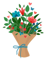 Beautiful decorative bouquet of flowers in flat style. Red and blue flowers, green leaves, wrapped in kraft paper and tied with a ribbon. Colorful vector illustration isolated on a white background. 