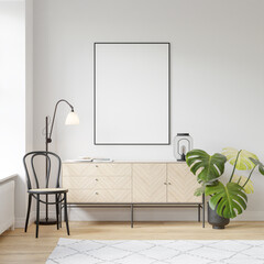 Interior Poster Frame Mockup with Modern Furniture Decoration - 3d Illustration, 3d Render
