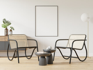 Interior Poster Frame Mockup with Modern Furniture Decoration - 3d Illustration, 3d Render
