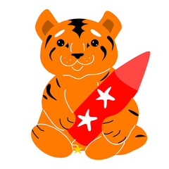 Cute tiger cub with New Year's fireworks.