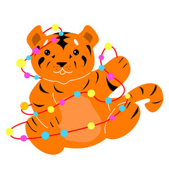 The orange tiger cub is entangled in a garland.