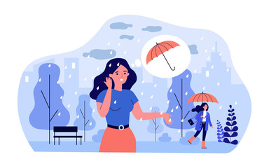 Cartoon woman standing in rain without umbrella. Girls with and without umbrella in park in rainy weather flat vector illustration. Meteorology, protection concept for banner or landing web page