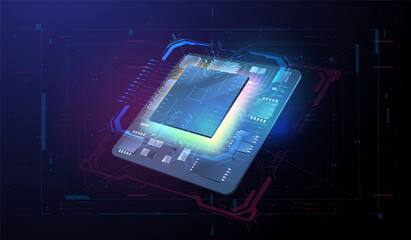 Futuristic microchip processor. Quantum computer database concept. modern CPU illustration . Central Computer Processors. Digital chip with HUD elements. Tech Futuristic Template.