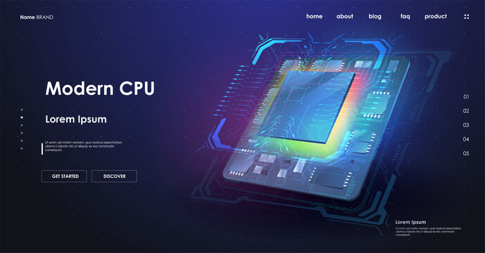Quantum computer database concept. Modern CPU illustration . Central Computer Processors. Futuristic microchip processor. Tech Futuristic Template. Digital chip with HUD elements.
