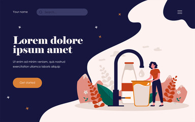 Tiny woman taking pure clean water flat vector illustration. Cartoon female character standing with glass of fresh natural drink and potable liquid. Nature, eco and environment concept