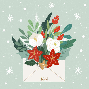 Christmas flower bouquet with envelope vector illustration 