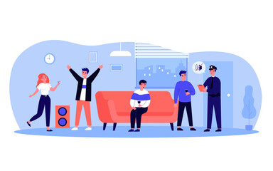 Friends getting noise complaint for having loud party. Police officer asking apartment owner to turn music off flat vector illustration. Celebration, neighborhood concept for banner, website design