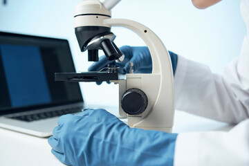 woman with microscope laboratory microbiology technology science